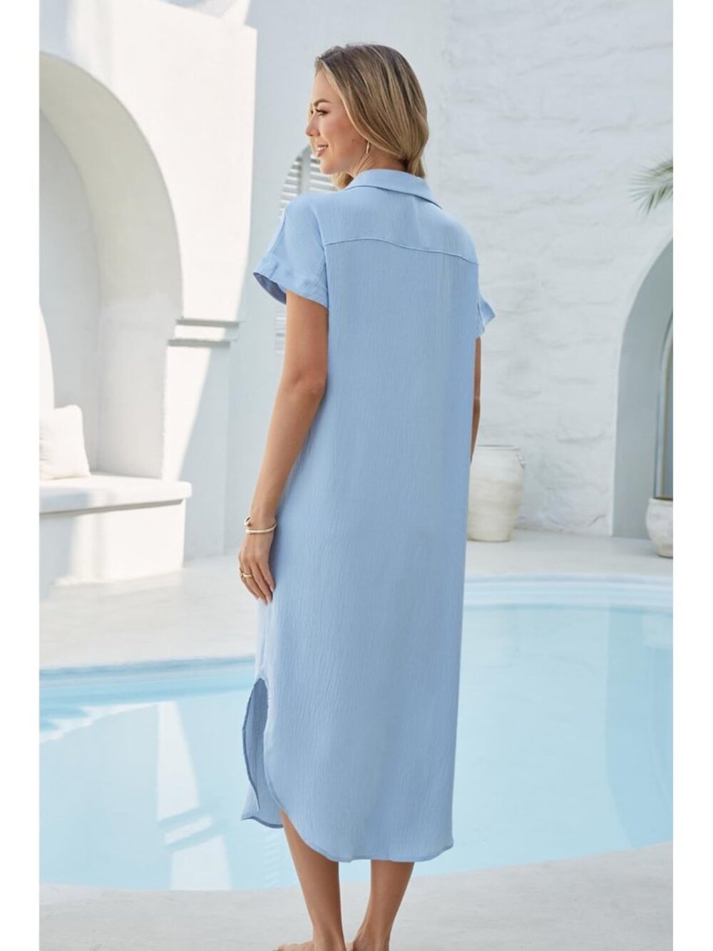 Women's Blue Long Button Down Beach Cover Up Swimsuit Fashionable Dresses - Picture 5 of 5